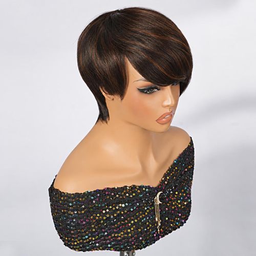 Black Pearl short pixie cut human virgin hair wig for ladies side bangs highlight color - image 2