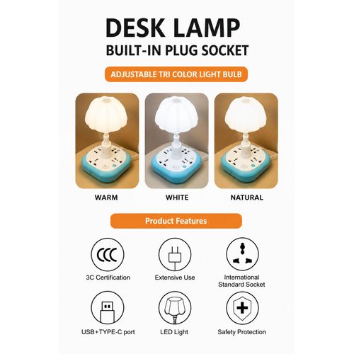Generic Multi-purpose Electric Extension Box/socket with Table lamp, USB/ Type C and phone Holder 2500W MAX - image 2