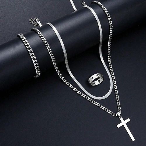 Fashion 4 PCS Men's Cross Jewelry Set - Silver - image 2