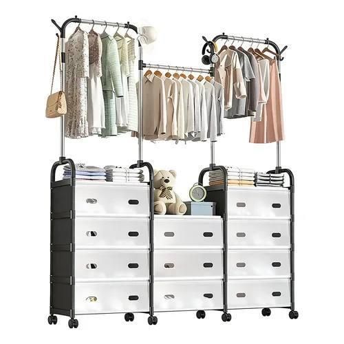 Generic Double-Pole Clothes Rack With 11-Layer Storage Drawers & Wheels