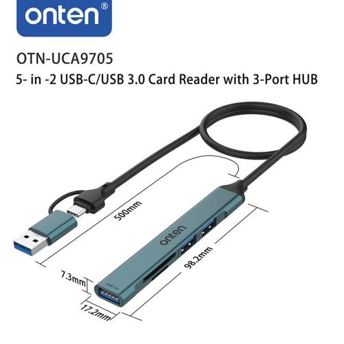 product_image_name-Onten-OTN-UCA9705 USB-C/USB 3.0 Card Reader with 3-Port HUB-7