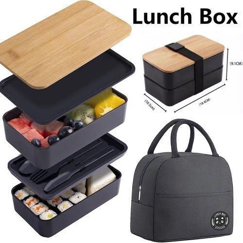 Generic Bamboo Lid Double Layer Lunch Box with Insulated Bag and Cutlery