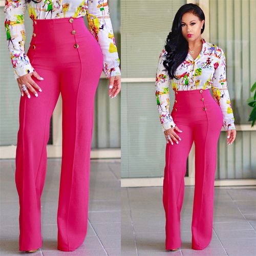 Fashion Solid Color Women High Waist Wide Leg Pants Slim Office