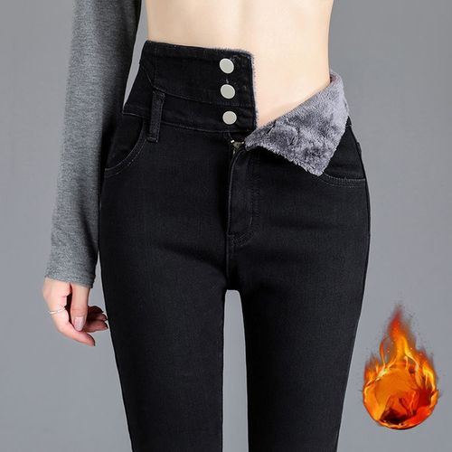 Fashion (Black Plus Velvet)Black Mom Jeans High Waist Pants Ladies