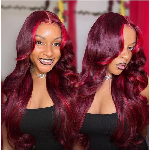 product_image_name-Noble-Human Black Pearl Burgundy Color For Women LORRAINE 28-inch Body Wave Lace Hair Wig Lace X Real Remy Hair Wig-1