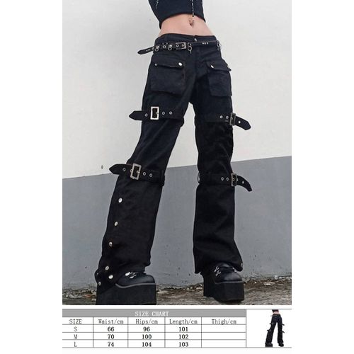 Black Cargo Pants Women Chain Wide Leg Hiphop Streetwear