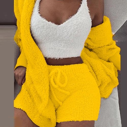 Fluffy hooded coat and shorts set hot sale