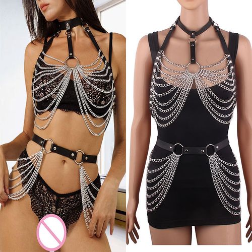 Details of Set Layered Leather Chain Goth Body Harness Belts Bra