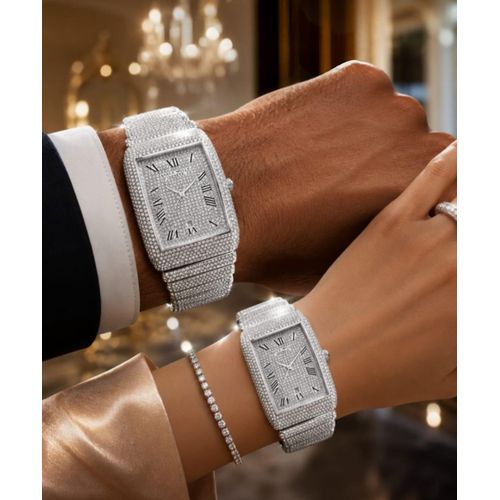 Pin Time Superior Quality & Classy Couple's Sparkling Diamonds Silver Wristwatch