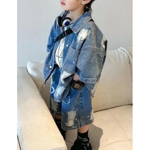 product_image_name-Fashion-Baby Solid Denim Short Sleeve Set Boys and Girls Denim Shirts and Shorts Two Piece Set Simple Casual kids Sportswear 2PCS-2
