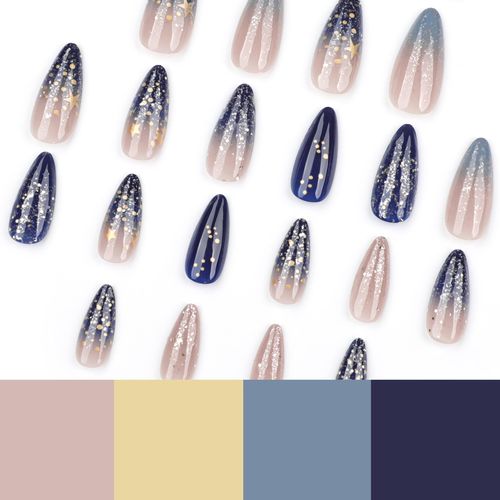product_image_name-Avsty-Almond Press on Nails Medium Dark Blue Ombre French Tip False Nails Gold Star Design Glue ons Nail Glitter Stiletto Acrylic Supplies DIY Manicure Glossy 24pcs-4