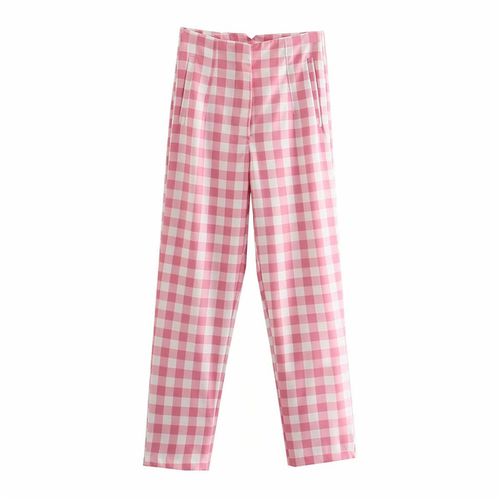 Fashion Woman Sweet Pink Plaid High Waisted Pants Girls Cute Slim