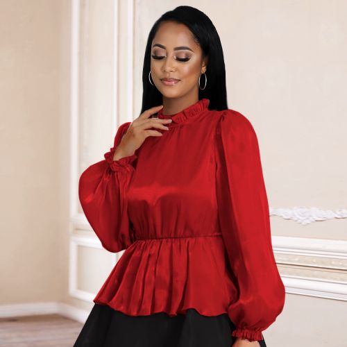 product_image_name-Aomei-Women Blouses Long Lantern Sleeves Peplum Ruffles Shiny Thin Shirt Red-1