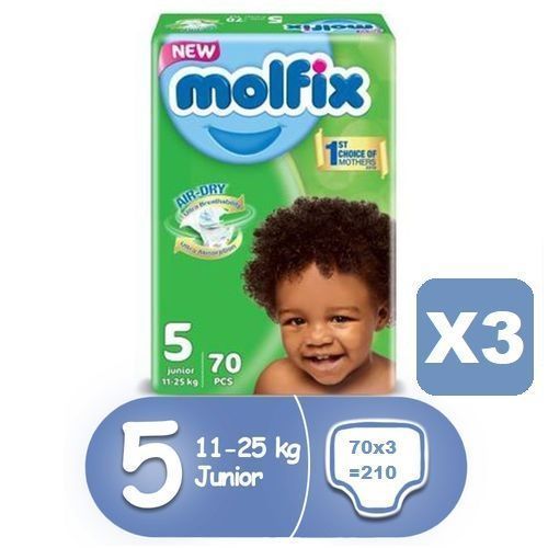 Molfix Air-Dry Diapers, Size 5 (Junior), 70 X 3 = 210 Count (Jumbo