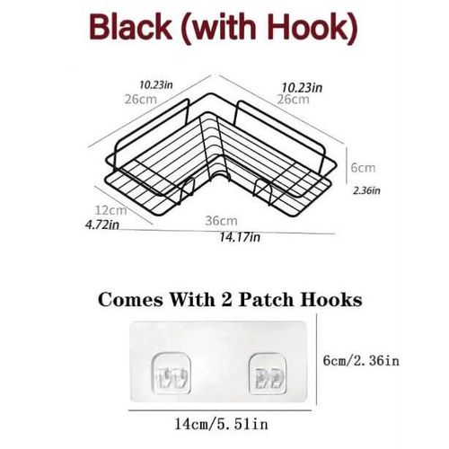 Generic Black wire-mesh corner storage rack, wall- mounted organizer for bathroom or kitchen 2in1