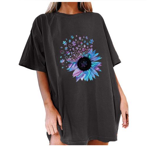 Sunflower Pattern Crew Neck T-shirt, Casual Loose Short Sleeve Fashion  Summer T-Shirts Tops, Women's Clothing
