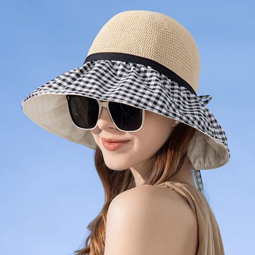 Generic Summer Breathable Bucket Hat Women Checked Printing Cotton Mesh Sun  Hat Light Elegant Ladies Lace Up Bow Large Brim Beach Hat