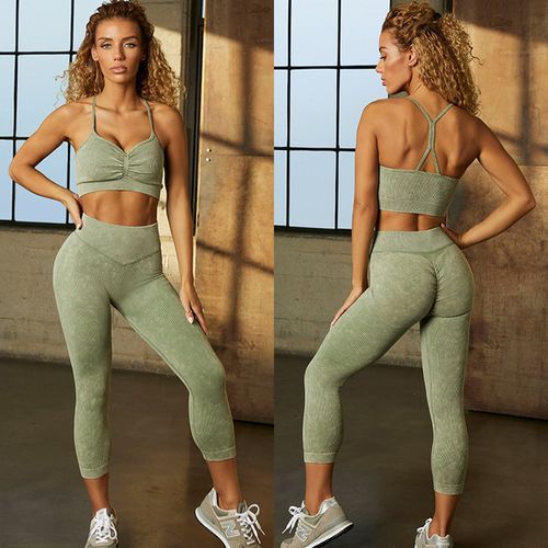 Generic Ribbed Washed Seamless Yoga Set Crop Women Shirt Leggings Two Piece  Outfit Workout Fitness Wear Gym Suit Sport Sets Clothes(#Light Green Bra Set)