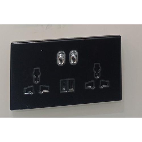 Generic Double Universal Wall Socket with Dual USB Charging Ports and Dual Toggle Switches (Glossy Black Finish) - image 2