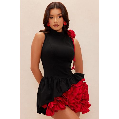 laynee ruffle mini dress black red Fashion Size:Size 20W 36.0 Waist Sleeve Type:PUFFED Dreezy Black Satin High-low