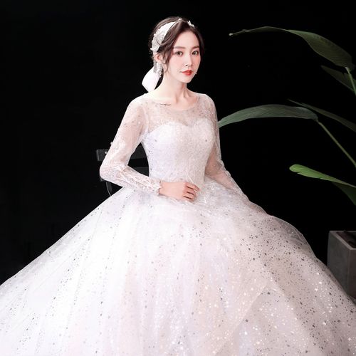 product_image_name-Fashion-Women Lace Wedding Dress Long Sleeve Wedding Gown-White-1