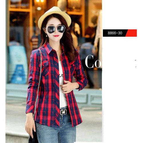 Generic Girls Long Sleeve Cotton Checkered Shirts Blouse British Women's  Casual Plaid Shirt Clothes For Female