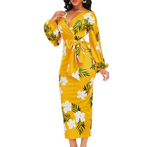 Aomei Printed Flower Dress V Neck Bodycon High Waist Belt Yellow ...