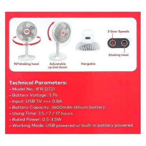 product_image_name-Generic-Itel rechargeable fan , adjustable fan ,3600mah , 5 blades acool hurricane shaking head -2