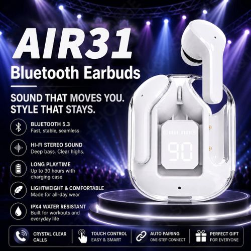 Generic TWS Air31 Earbuds Transparent Body Headset bluetooth wireless Earphones with Digital display