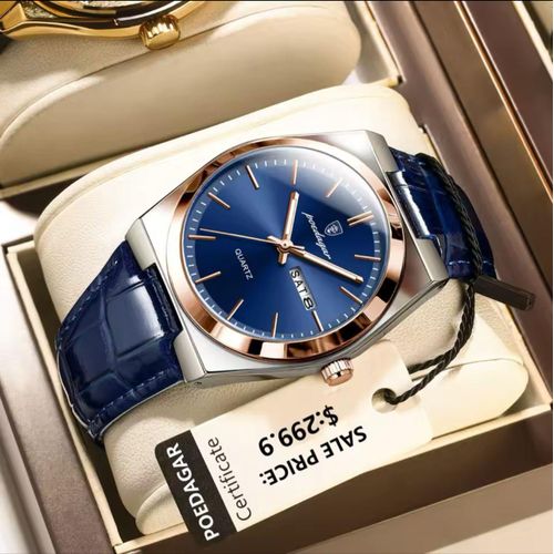 POEDAGAR Men's Water Resistant Wristwatch Leather With Blue Face