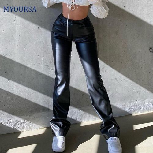 Fashion Boot Cut High Waist Faux Leather Flared Pants For Women