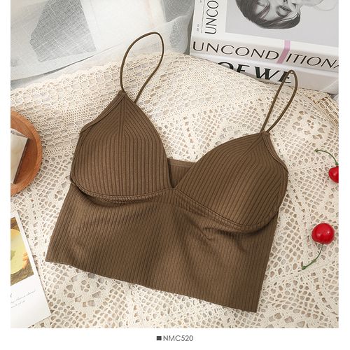 Fashion (coffee)Knitted Binder Chest Woman Tank Tops Spaghetti Strap Corset  Crop Camis With Built In Bras Korean Fashion Woman Tanks Camisole WEF