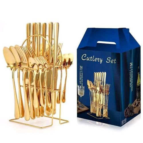product_image_name-Generic-Golden Spoon 24 PIECES GOLD CUTLERY SET WITH STAND-1