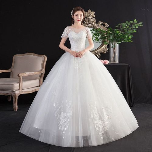product_image_name-Fashion-Womens Short Sleeve Lace Floor Length Ball Gown Wedding Dress Bridal Gown-White-1