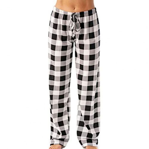 Fashion (Black White)Women Plaid Pajama Pants Sleepwear Sleep Pants Plaid  Pattern High Elasticity Wide Legs Cotton Loose Ladies Pajama Pants Trousers  DOU