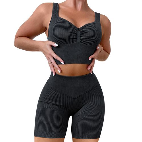 Generic Ribbed Washed Seamless Yoga Set Crop Women Shirt Leggings Two Piece  Outfit Workout Fitness Wear Gym Suit Sport Sets Clothes(#Black Bra Set)