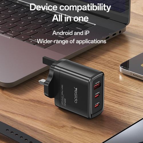 product_image_name-Yesido-Laptop Charger 65W 3Port GaN 2C +1U Apple MAC P_HPLaptop Samsung IPhone CHARGER Typec 65W cable DELL ACER Lenovo Laptops ASUS-2