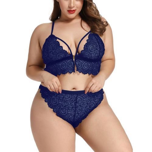 Plus Size Lace Spot Print Bra and Thong Lingerie Set