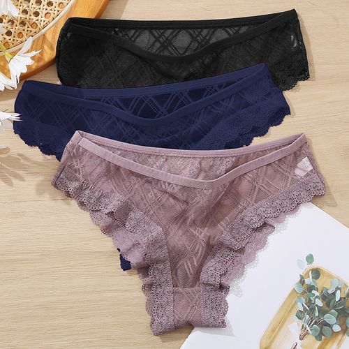 Fashion Sexy Floral Lace Mesh Women's Panties Female Hollow Out Briefs  Transparent Low Rise Underwear Ladies Big Size M_2XL(#Set 15)