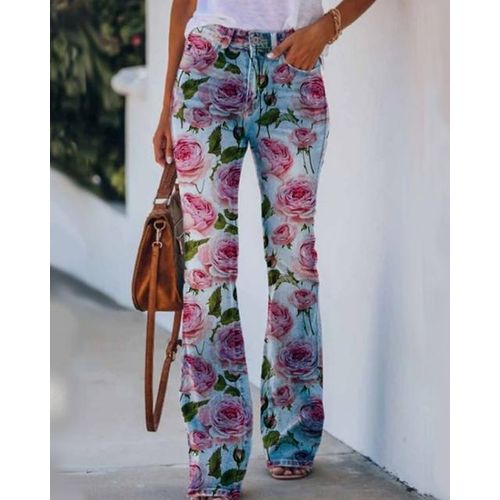  Women Faux Jeans 2023 Stylish All Over Print Bootcut