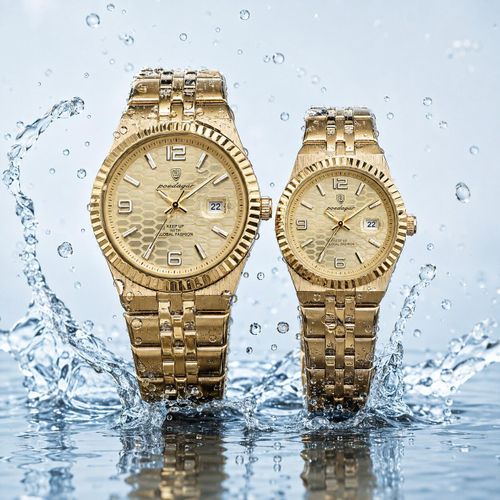 POEDAGAR Gold Couple Wristwatch Set - Water Resistant Luminous Dial - image 3