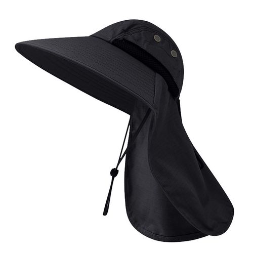 Fashion Summer Sun Hat Men Women Cotton Boonie Hat With Neck Flap Outdoor  UV Protection Large Wide Brim-Black