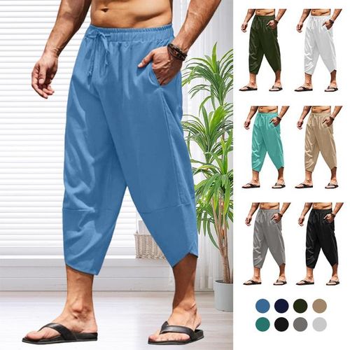 Men Pleated Tapered Pants Elastic Waist Capri Trousers Joggers