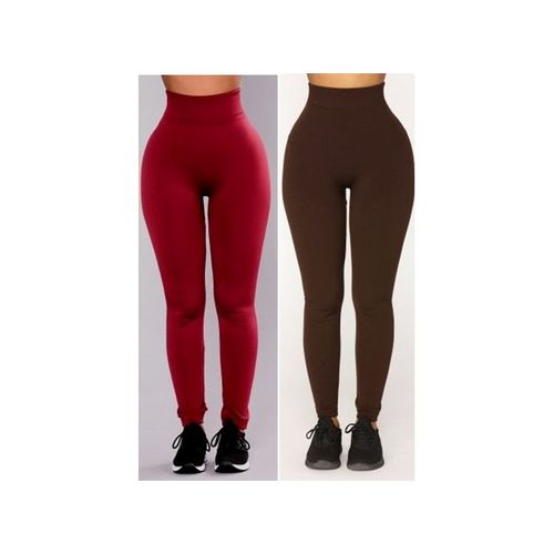 Fashion 2Prs High Waist Fleece Lined Leggings -Wine & Brown