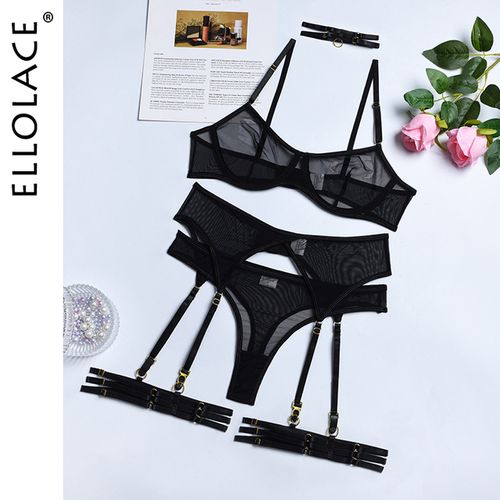 Fashion Ellolace Set Woman 4 Pieces Sexy Erotic Lingerie Underwear Underwear