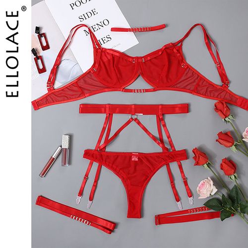 Fashion Ellolace Erotic Lingerie Sexy Breves Sets Red Underwear Push  Underwear