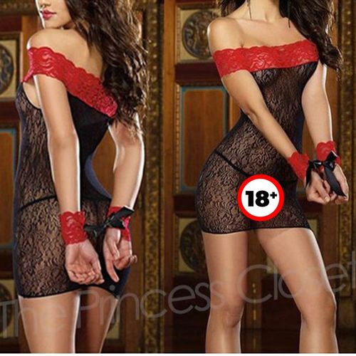 VEJARO N15 Sexy Lace Net Lingerie Nightwear & Nightdress-Black&Red