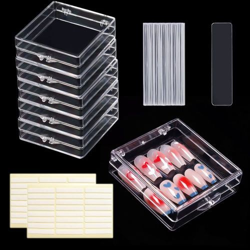 6 Pcs Press on Nail Storage Box with 15 Pcs Adhesive Double Sided Tape  Artificial Nail Display Storage Box Acrylic Nail Box Organizer Case  Transparent Nail Packaging Boxes for Nail Salon