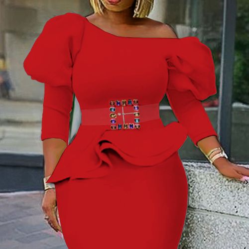 product_image_name-Aomei-Women Tops Blouse Peplum Skew Collar Long Lantern Sleeves With Waist Belt Red-1