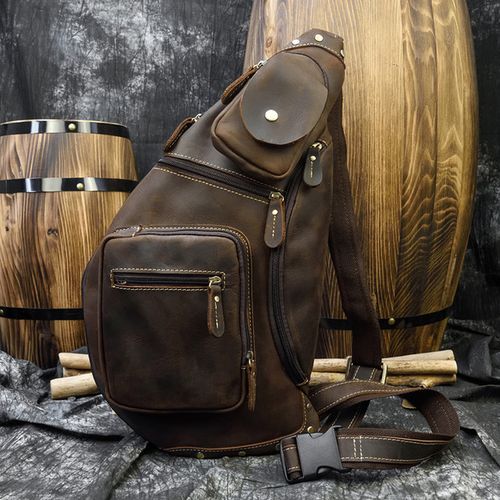 Crazy Horse Leather Sling Bag Vintage Leather Chest Bag Mens Crossbody Bag